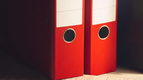 Dos archivadores rojos de anillas con los expedientes de una oficina.